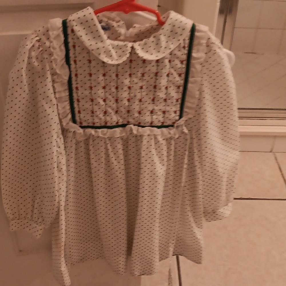 Girls White Dot-Paneled Long Sleeve Dress with Peter Pan Collar